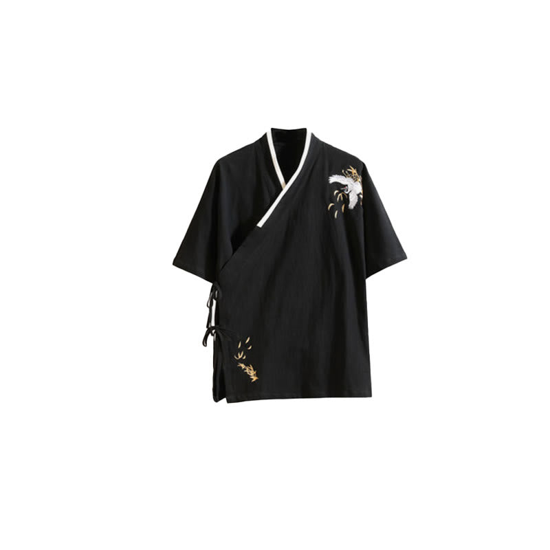 T-shirt en coton et lin pour homme, broderie de grues, motif Buddha Stones , avec lacets sur le côté