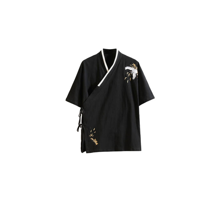 T-shirt en coton et lin pour homme, broderie de grues, motif Buddha Stones , avec lacets sur le côté