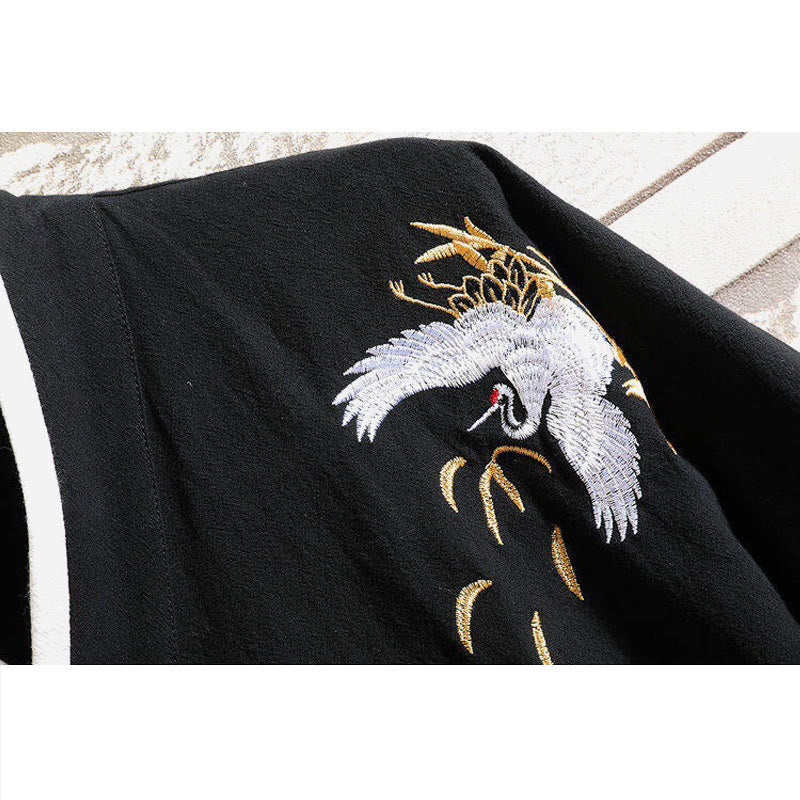 T-shirt en coton et lin pour homme, broderie de grues, motif Buddha Stones , avec lacets sur le côté