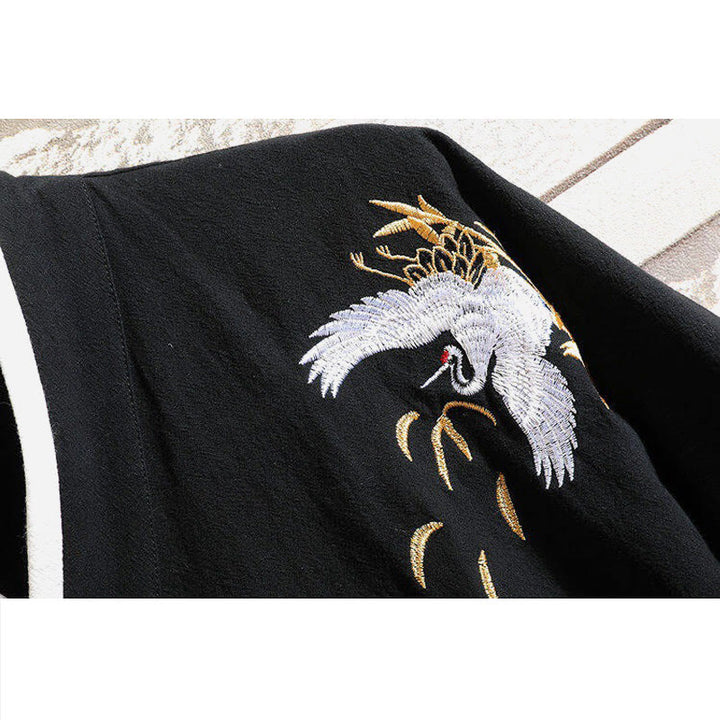 T-shirt en coton et lin pour homme, broderie de grues, motif Buddha Stones , avec lacets sur le côté