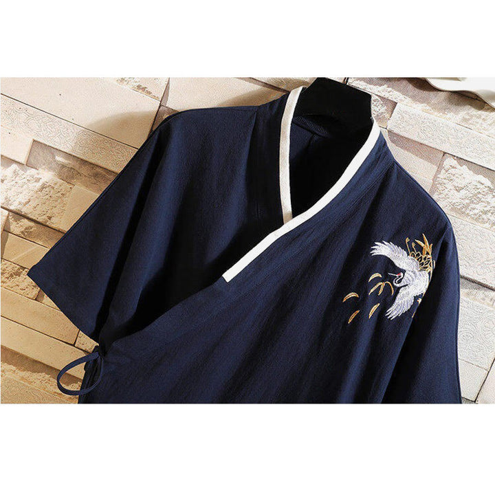T-shirt en coton et lin pour homme, broderie de grues, motif Buddha Stones , avec lacets sur le côté