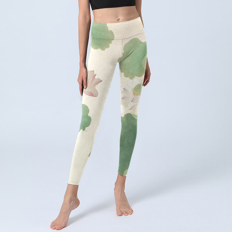 Leggings de sport élégants à imprimé feuilles de lotus et Buddha Stones pour femmes, pantalons de yoga - image 6