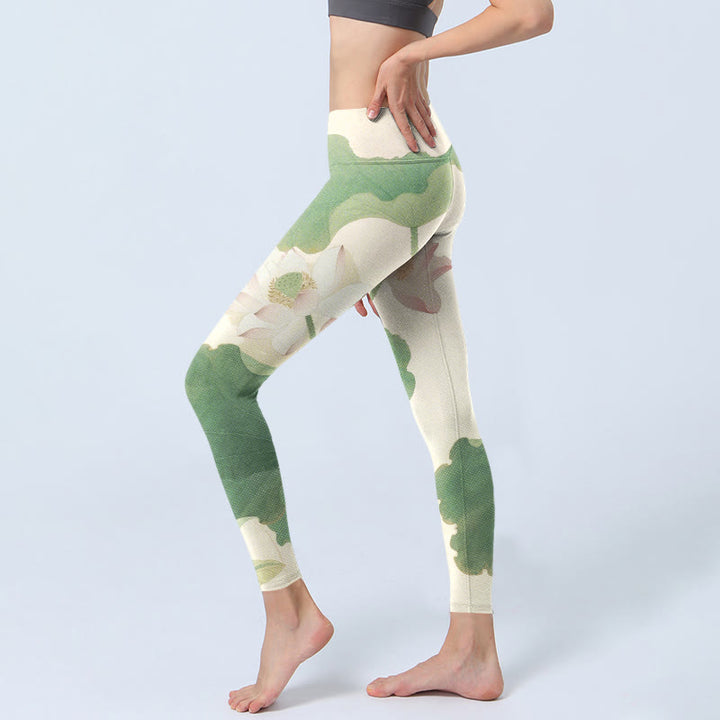 Leggings de sport élégants à imprimé feuilles de lotus et Buddha Stones pour femmes, pantalons de yoga - image 3