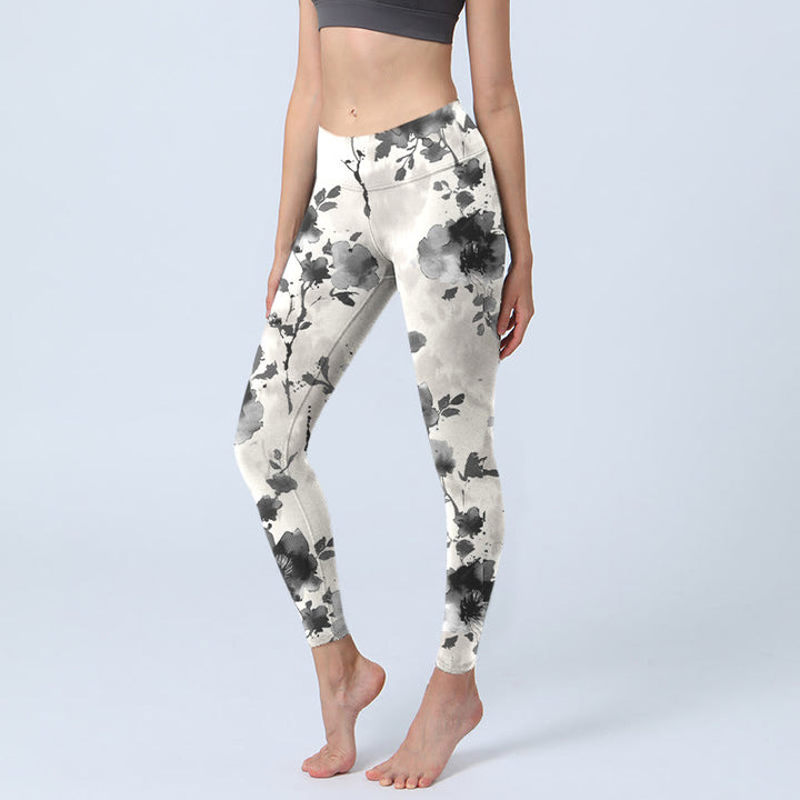 Leggings de sport à imprimé floral avec Buddha Stones et peinture à l'encre pour femme - GhostWhite - US18，UK/AU22，EU50 (4XL) - image 0