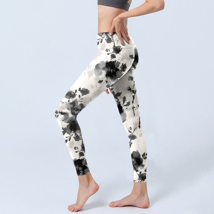 Leggings de sport à imprimé floral avec Buddha Stones et peinture à l'encre pour femme - image 3