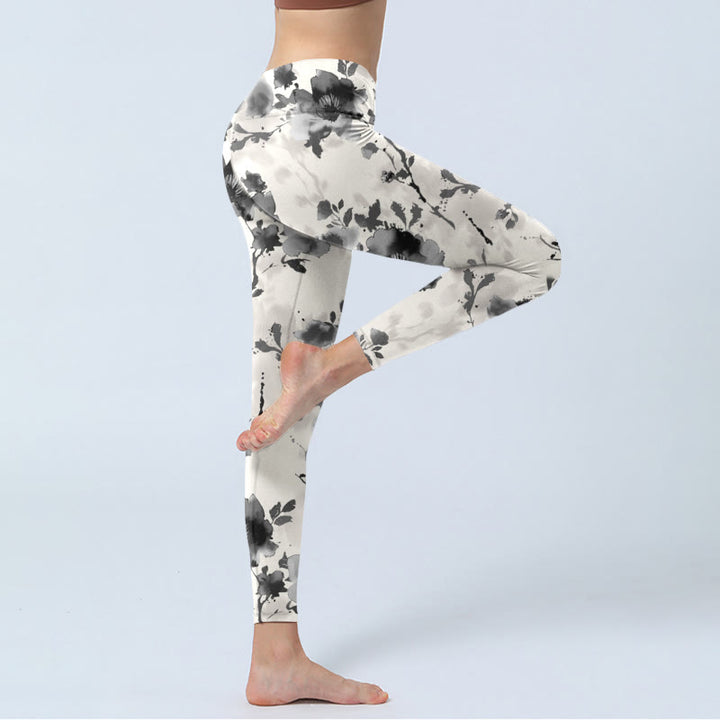 Leggings de sport à imprimé floral avec Buddha Stones et peinture à l'encre pour femme - image 3