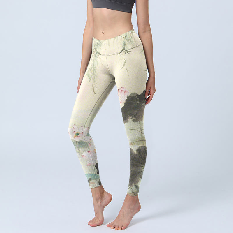 Leggings de sport imprimés Buddha Stones, feuilles de saule, étang de lotus, pantalons de yoga pour femmes - Beige - US18，UK/AU22，EU50 (4XL) - image 0