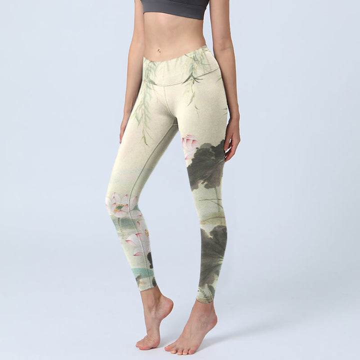 Leggings de sport imprimés Buddha Stones, feuilles de saule, étang de lotus, pantalons de yoga pour femmes - Beige - US18，UK/AU22，EU50 (4XL) - image 0