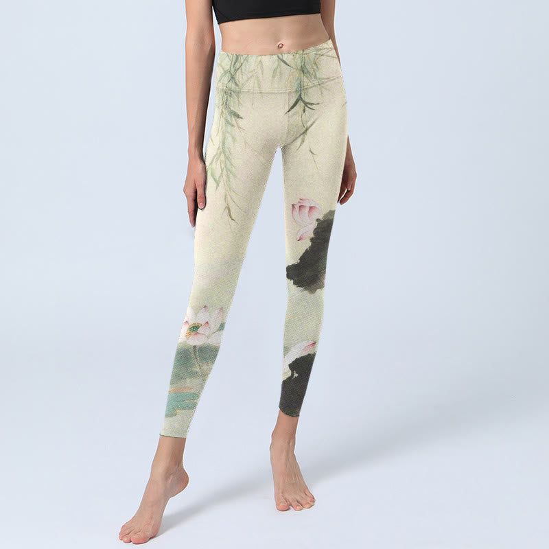 Leggings de sport imprimés Buddha Stones, feuilles de saule, étang de lotus, pantalons de yoga pour femmes - image 6