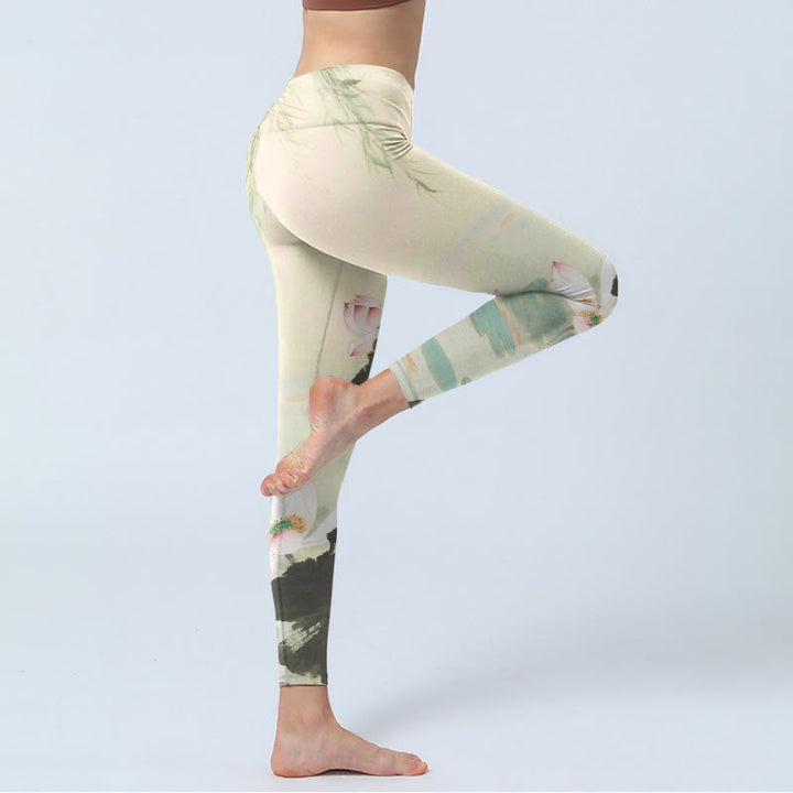 Leggings de sport imprimés Buddha Stones, feuilles de saule, étang de lotus, pantalons de yoga pour femmes - image 4
