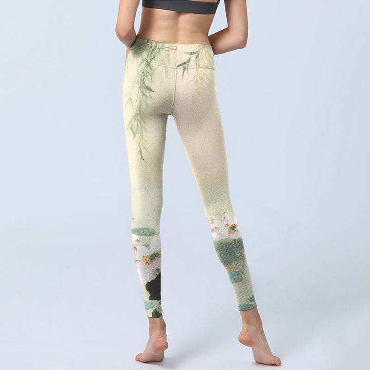 Leggings de sport imprimés Buddha Stones, feuilles de saule, étang de lotus, pantalons de yoga pour femmes - image 7