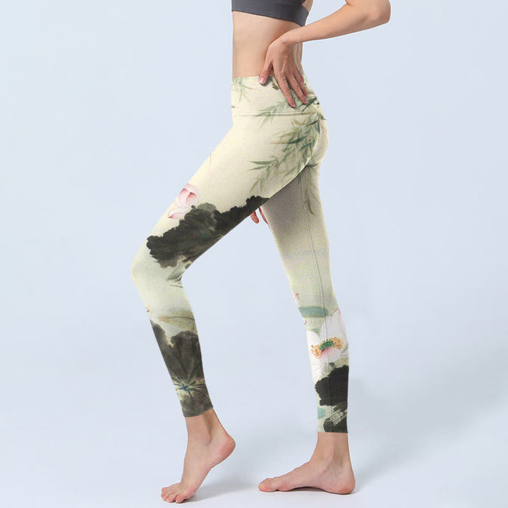 Leggings de sport imprimés Buddha Stones, feuilles de saule, étang de lotus, pantalons de yoga pour femmes - image 3