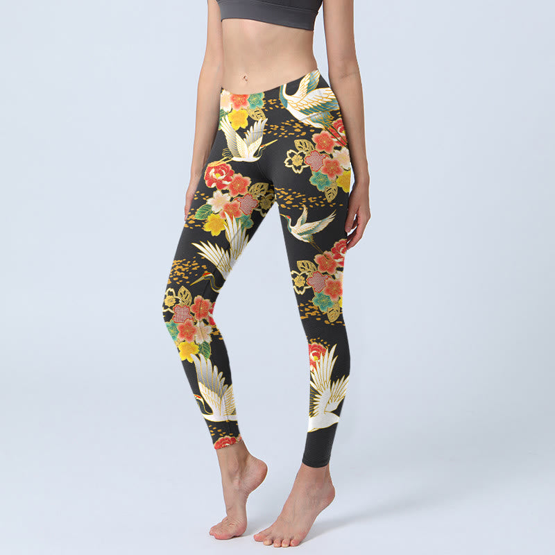Leggings de sport à imprimé floral coloré avec Buddha Stones et grues à couronne rouge pour femmes - Noir - US18，UK/AU22，EU50 (4XL) - image 0