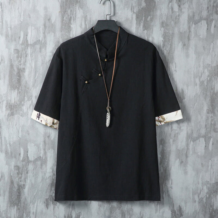 Chemise d'été en coton et lin à manches mi-longues pour homme, motif Buddha Stones, imprimé grenouille chinoise, boutons, patchwork uni - Noir - US/UK/AU46，EU56 (5XL) - image 7