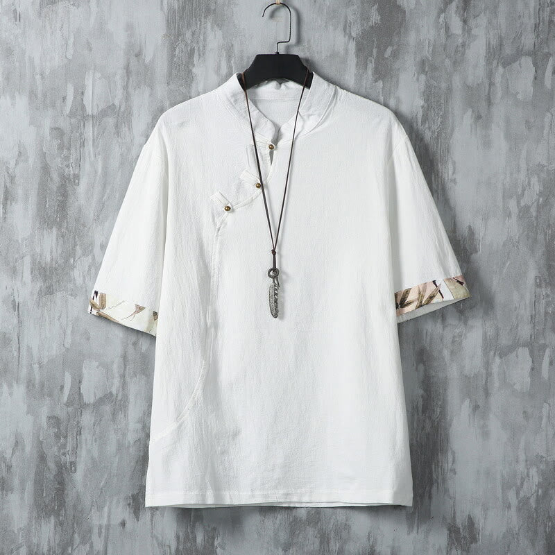 Chemise d'été en coton et lin à manches mi-longues pour homme, motif Buddha Stones, imprimé grenouille chinoise, boutons, patchwork uni - Blanc - US/UK/AU46，EU56 (5XL) - image 1