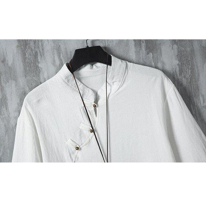 Chemise d'été en coton et lin à manches mi-longues pour homme, motif Buddha Stones, imprimé grenouille chinoise, boutons, patchwork uni - image 2