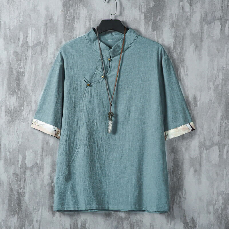 Chemise d'été en coton et lin à manches mi-longues pour homme, motif Buddha Stones, imprimé grenouille chinoise, boutons, patchwork uni - Vert clair - US/UK/AU46，EU56 (5XL) - image 0