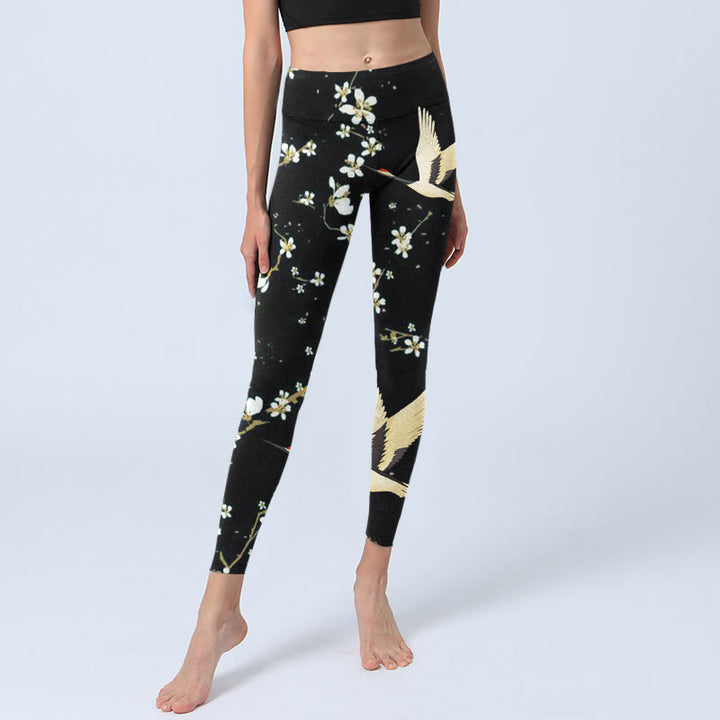 Leggings de sport à imprimé Buddha Stones, grues à couronne rouge et fleurs de prunier, pantalons de yoga pour femmes - image 6