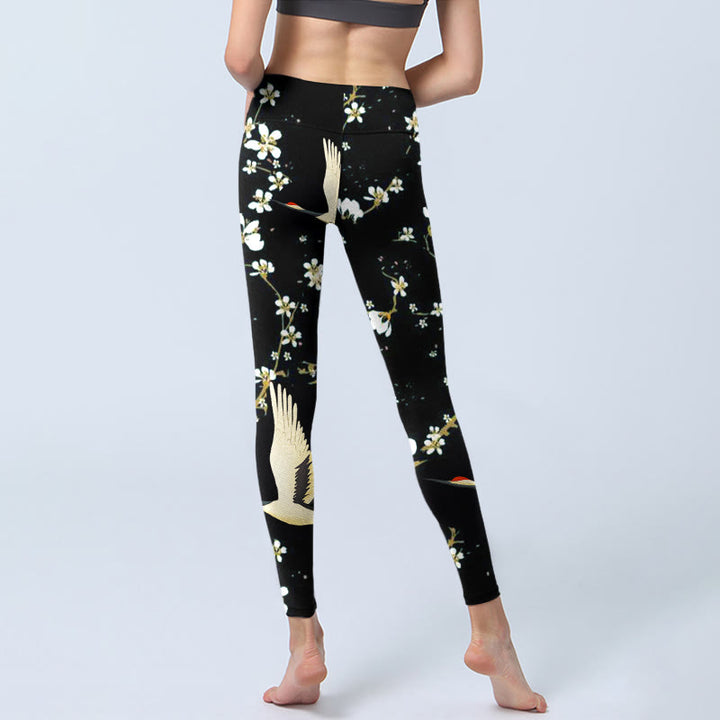 Leggings de sport à imprimé Buddha Stones, grues à couronne rouge et fleurs de prunier, pantalons de yoga pour femmes - image 7