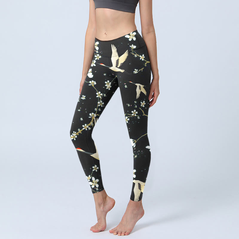 Leggings de sport à imprimé Buddha Stones, grues à couronne rouge et fleurs de prunier, pantalons de yoga pour femmes - Noir - US18，UK/AU22，EU50 (4XL) - image 0