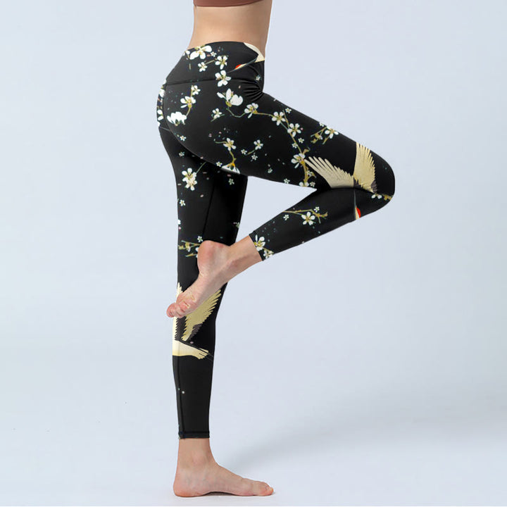 Leggings de sport à imprimé Buddha Stones, grues à couronne rouge et fleurs de prunier, pantalons de yoga pour femmes - image 3