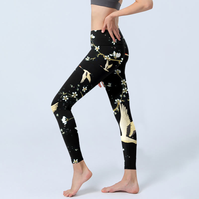 Leggings de sport à imprimé Buddha Stones, grues à couronne rouge et fleurs de prunier, pantalons de yoga pour femmes - image 3