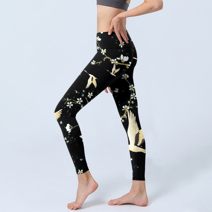 Leggings de sport à imprimé Buddha Stones, grues à couronne rouge et fleurs de prunier, pantalons de yoga pour femmes - image 3