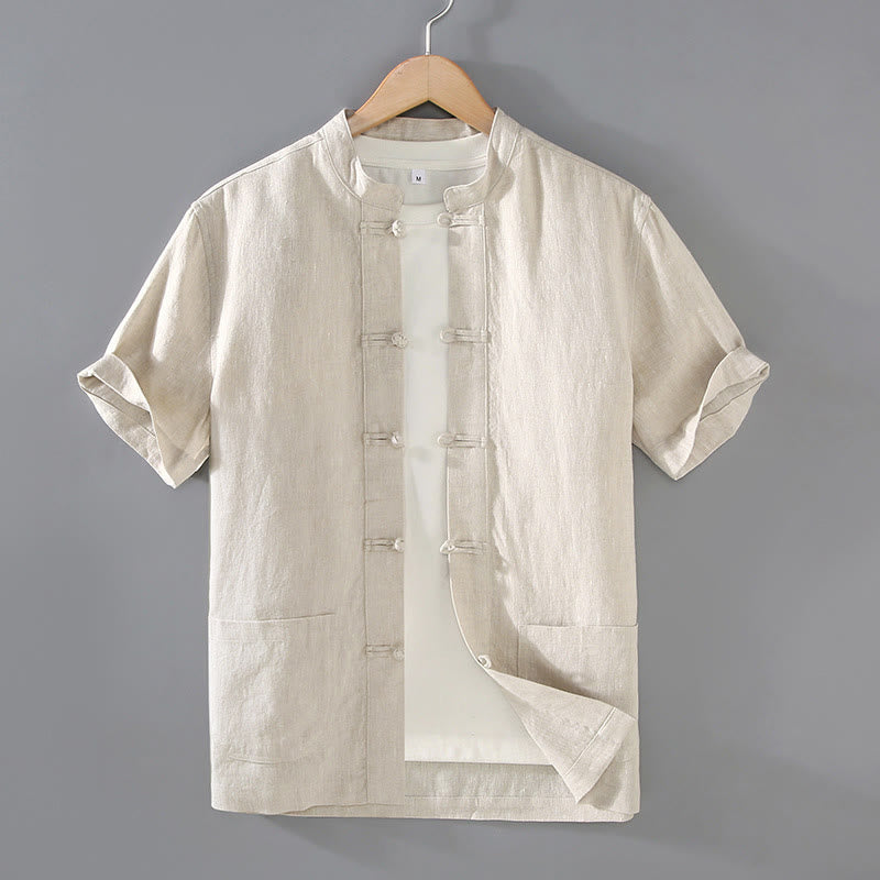 Veste de costume chinois vintage en coton et lin avec poches pour homme, motif Buddha Stones , style Tang uni, avec boutons grenouille - Beige - US/UK/AU46，EU56 (5XL) - image 1