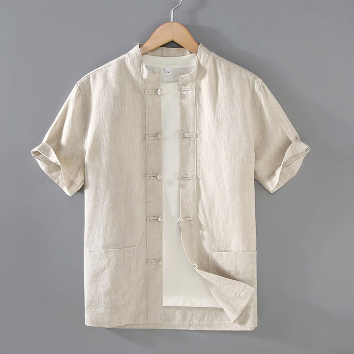 Veste de costume chinois vintage en coton et lin avec poches pour homme, motif Buddha Stones , style Tang uni, avec boutons grenouille - Beige - US/UK/AU46，EU56 (5XL) - image 1