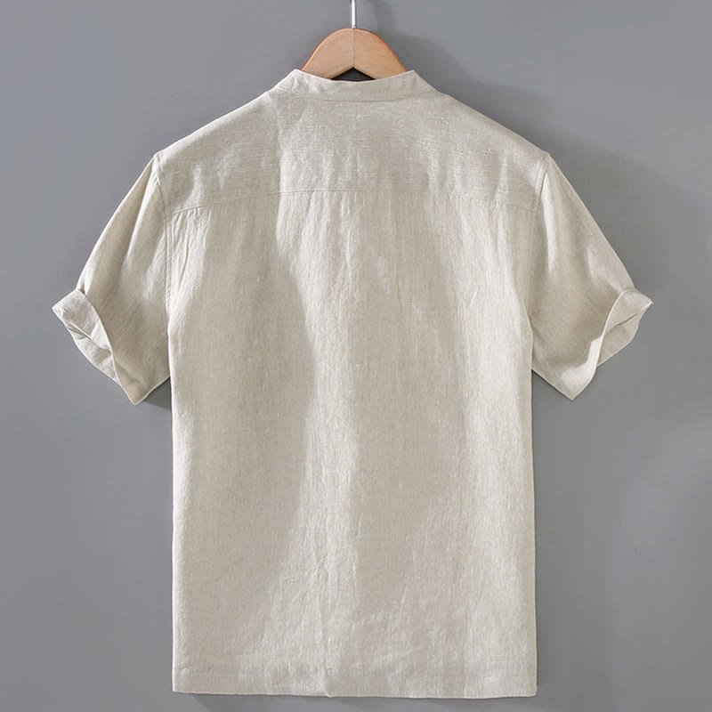 Chemise homme en coton et lin à boutons grenouilles, style vintage, avec poches, motif Buddha Stones - image 2