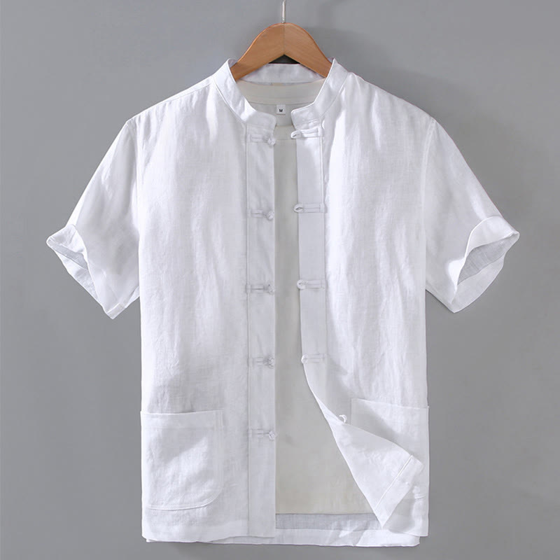 Veste de costume chinois vintage en coton et lin avec poches pour homme, motif Buddha Stones , style Tang uni, avec boutons grenouille - Blanc - US/UK/AU46，EU56 (5XL) - image 10