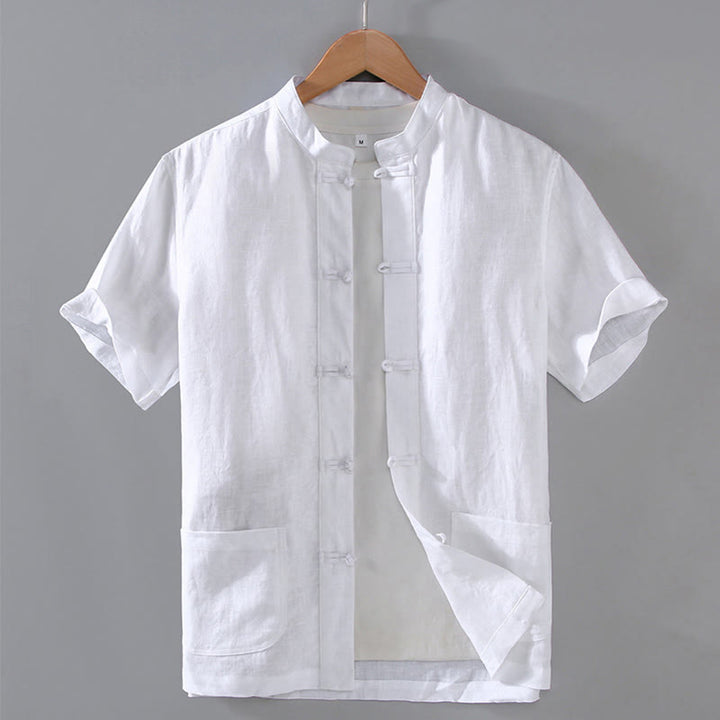 Veste de costume chinois vintage en coton et lin avec poches pour homme, motif Buddha Stones , style Tang uni, avec boutons grenouille - Blanc - US/UK/AU46，EU56 (5XL) - image 10