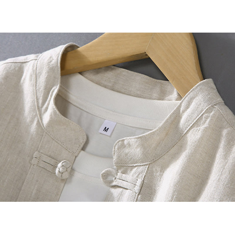 Chemise homme en coton et lin à boutons grenouilles, style vintage, avec poches, motif Buddha Stones - image 3