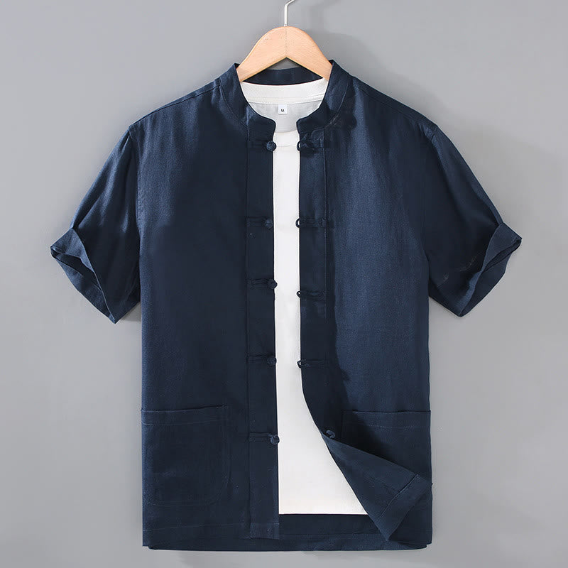 Veste de costume chinois vintage en coton et lin avec poches pour homme, motif Buddha Stones , style Tang uni, avec boutons grenouille - Bleu nuit - US/UK/AU46，EU56 (5XL) - image 9