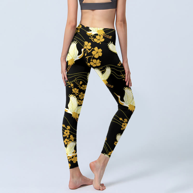 Leggings de sport à imprimé Buddha Stones, grues à couronne rouge, fleurs dorées, pantalons de yoga pour femmes - image 5