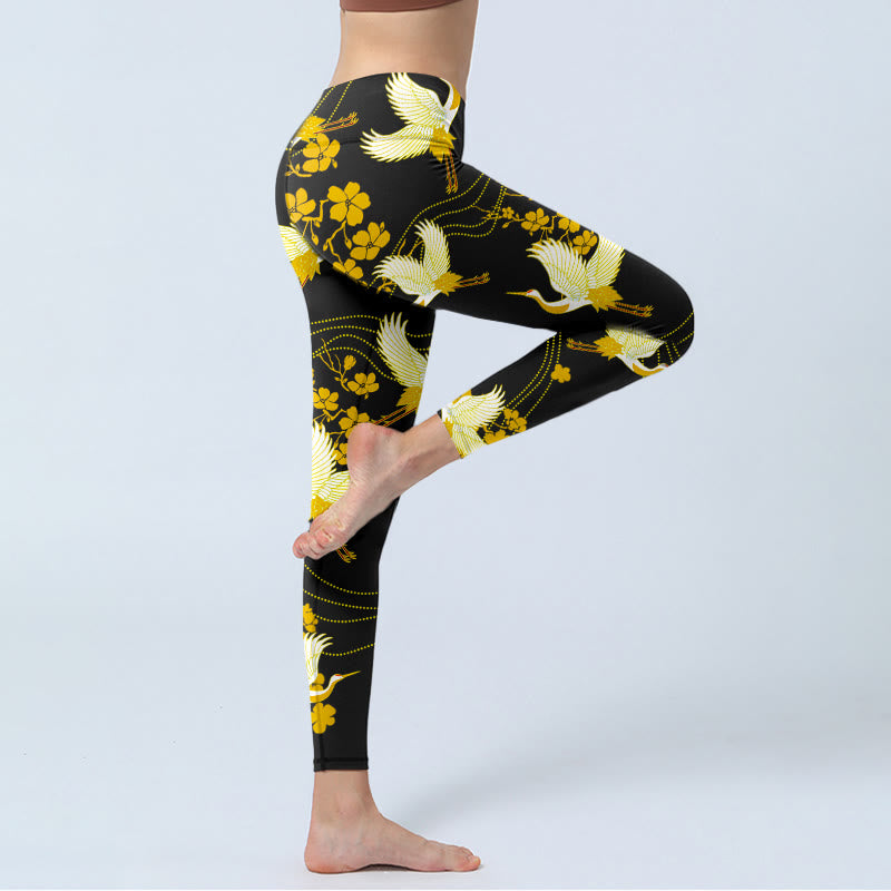 Leggings de sport à imprimé Buddha Stones, grues à couronne rouge, fleurs dorées, pantalons de yoga pour femmes - image 3