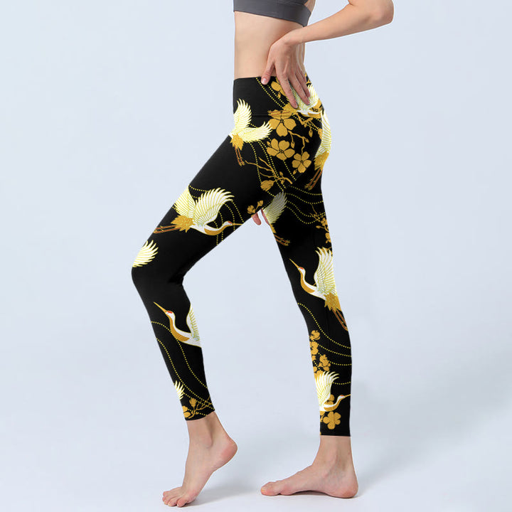 Leggings de sport à imprimé Buddha Stones, grues à couronne rouge, fleurs dorées, pantalons de yoga pour femmes - image 3