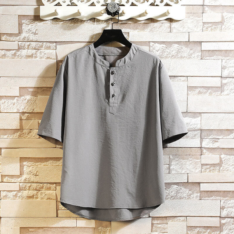 Veste chemise à manches courtes pour homme, style décontracté et vintage, motif Buddha Stones, couleur unie - Gris - US/UK/AU46，EU56 (5XL) - image 0
