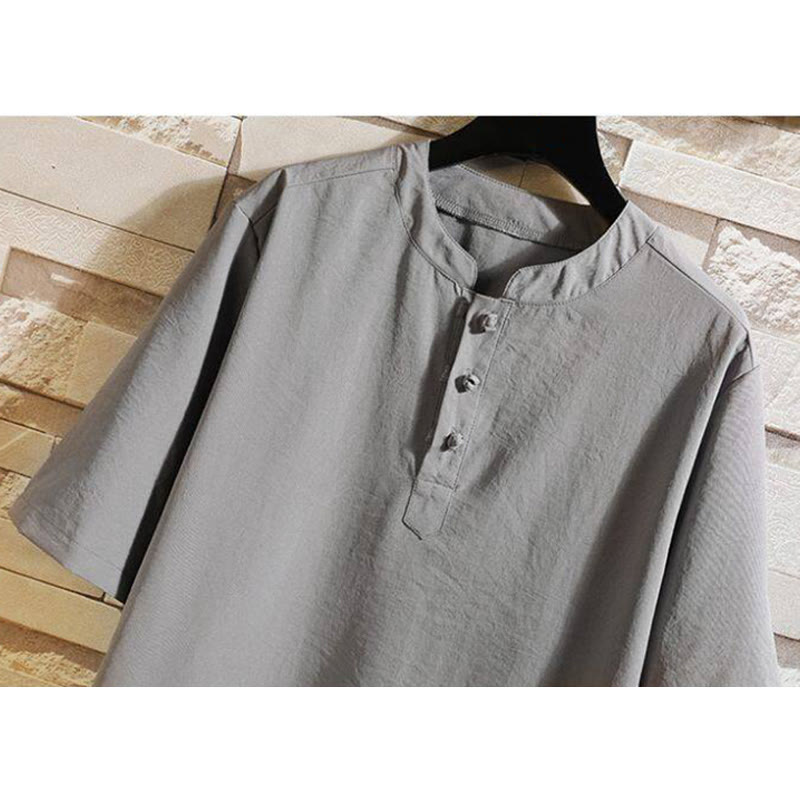 Veste chemise à manches courtes pour homme, style décontracté et vintage, motif Buddha Stones, couleur unie - image 1