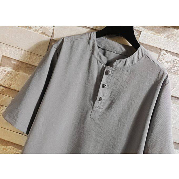 Veste chemise à manches courtes pour homme, style décontracté et vintage, motif Buddha Stones, couleur unie - image 1