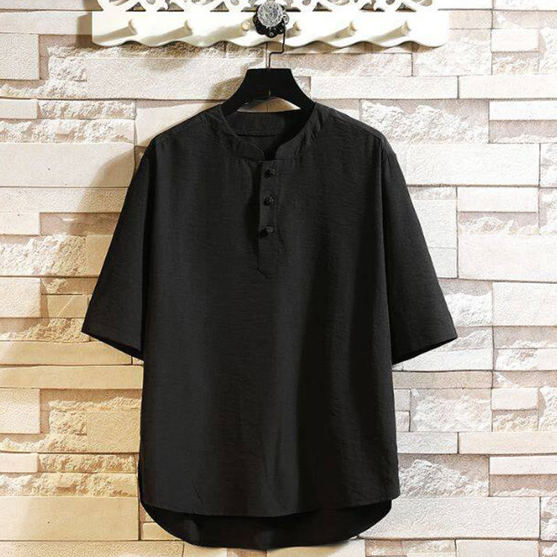 Veste chemise à manches courtes pour homme, style décontracté et vintage, motif Buddha Stones, couleur unie - Noir - US/UK/AU46，EU56 (5XL) - image 2
