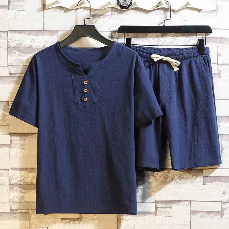 Ensemble 2 pièces Buddha Stones : t-shirt à manches courtes, pantalon court avec cordon de serrage et poches, tissu de méditation en coton et lin pour homme - Marine - US/UK/AU46，EU56 (5XL) - image 0