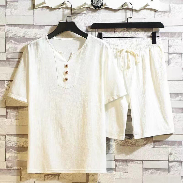 Ensemble 2 pièces Buddha Stones : t-shirt à manches courtes, pantalon court avec cordon de serrage et poches, tissu de méditation en coton et lin pour homme - FloralWhite - US/UK/AU46，EU56 (5XL) - image 2