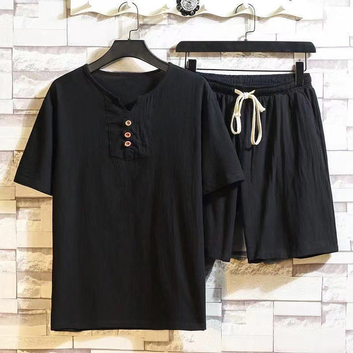 Ensemble 2 pièces Buddha Stones : t-shirt à manches courtes, pantalon court avec cordon de serrage et poches, tissu de méditation en coton et lin pour homme - Noir - US/UK/AU46，EU56 (5XL) - image 9