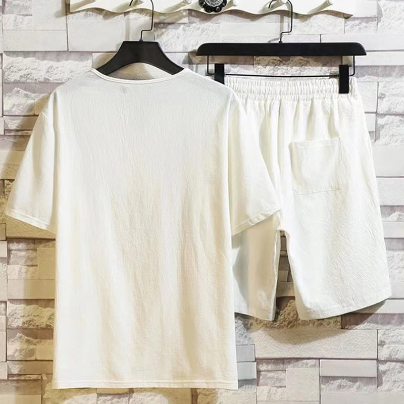 Ensemble 2 pièces Buddha Stones : t-shirt à manches courtes, pantalon court avec cordon de serrage et poches, tissu de méditation en coton et lin pour homme - image 3