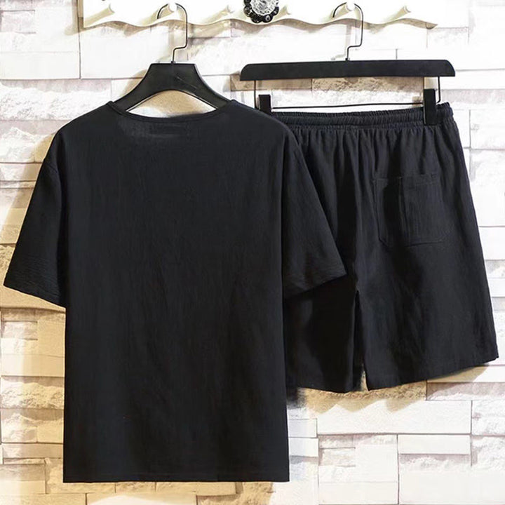 Ensemble 2 pièces Buddha Stones : t-shirt à manches courtes, pantalon court avec cordon de serrage et poches, tissu de méditation en coton et lin pour homme - image 10