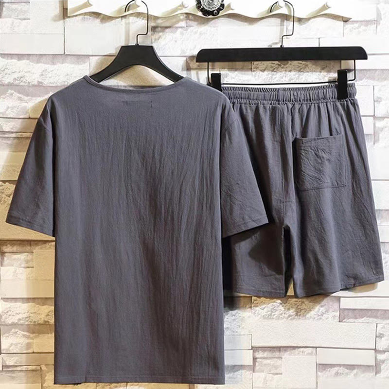 Ensemble 2 pièces Buddha Stones : t-shirt à manches courtes, pantalon court avec cordon de serrage et poches, tissu de méditation en coton et lin pour homme - image 8