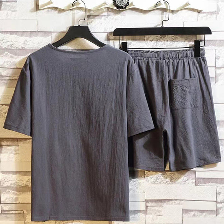 Ensemble 2 pièces Buddha Stones : t-shirt à manches courtes, pantalon court avec cordon de serrage et poches, tissu de méditation en coton et lin pour homme - image 8