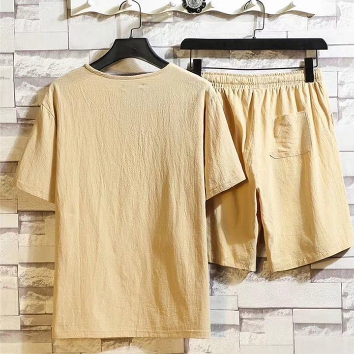 Ensemble 2 pièces Buddha Stones : t-shirt à manches courtes, pantalon court avec cordon de serrage et poches, tissu de méditation en coton et lin pour homme - image 12