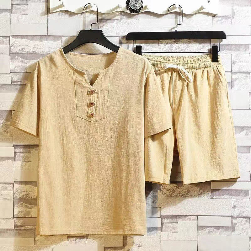 Ensemble 2 pièces Buddha Stones : t-shirt à manches courtes, pantalon court avec cordon de serrage et poches, tissu de méditation en coton et lin pour homme - Kaki - US/UK/AU46，EU56 (5XL) - image 11